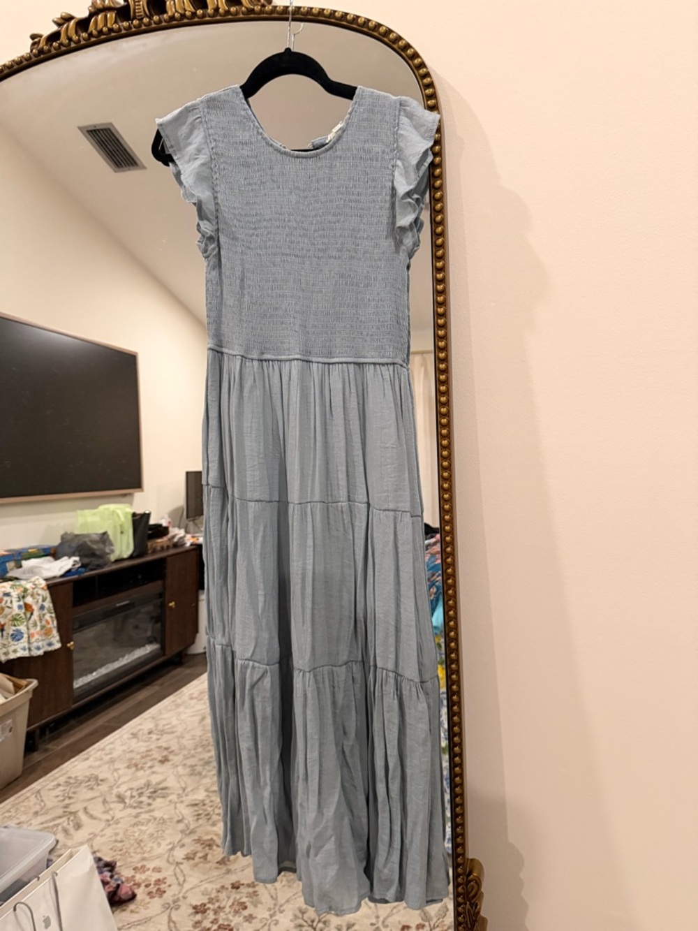 Smocked Bodice Light Blue Tiered Maxi Dress with Ruffle Cap Sleeves